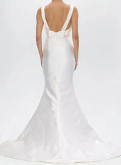 Trumpet Mermaid Scoop Neck Sleeveless Satin Wedding Dress with Detachable Bow Train