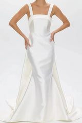 Trumpet Mermaid Scoop Neck Sleeveless Satin Wedding Dress with Detachable Bow Train