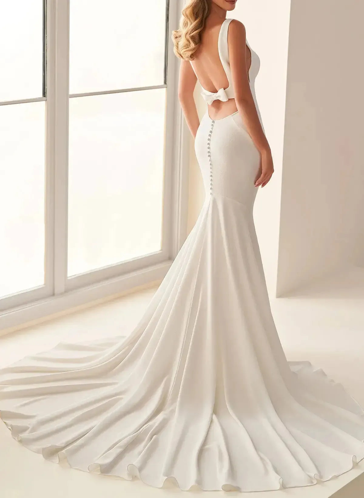 Trumpet Mermaid Square Neckline Sleeveless Court Train Crepe Satin Wedding Dress with Bow