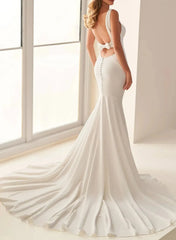 Trumpet Mermaid Square Neckline Sleeveless Court Train Crepe Satin Wedding Dress with Bow