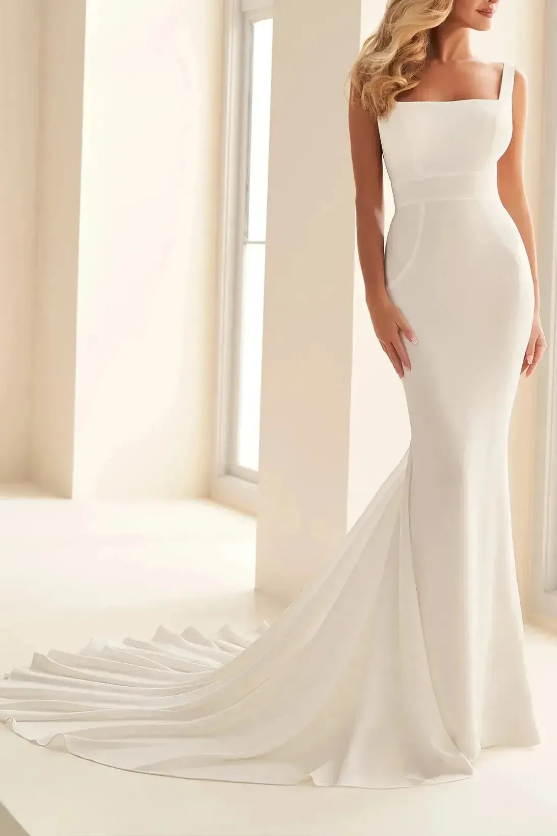 Trumpet Mermaid Square Neckline Sleeveless Court Train Crepe Satin Wedding Dress with Bow