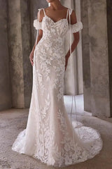 Trumpet Mermaid Sweetheart Court Train Lace Tulle Wedding Dress with Appliques