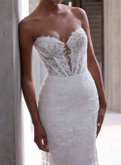 Trumpet Mermaid Sweetheart Long Sleeves Court Train Elastic Satin Wedding Dress with Appliques