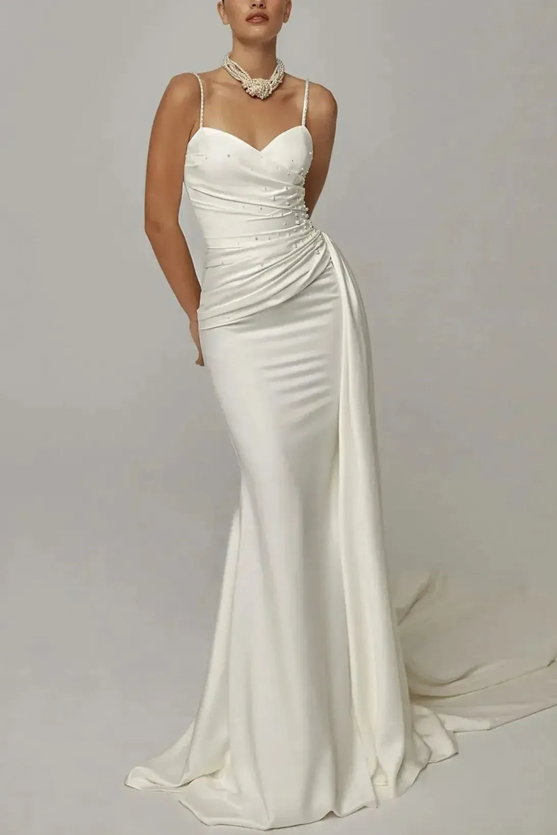 Trumpet Mermaid Sweetheart Sleeveless Chapel Train Crepe Satin Wedding Dress with Beading
