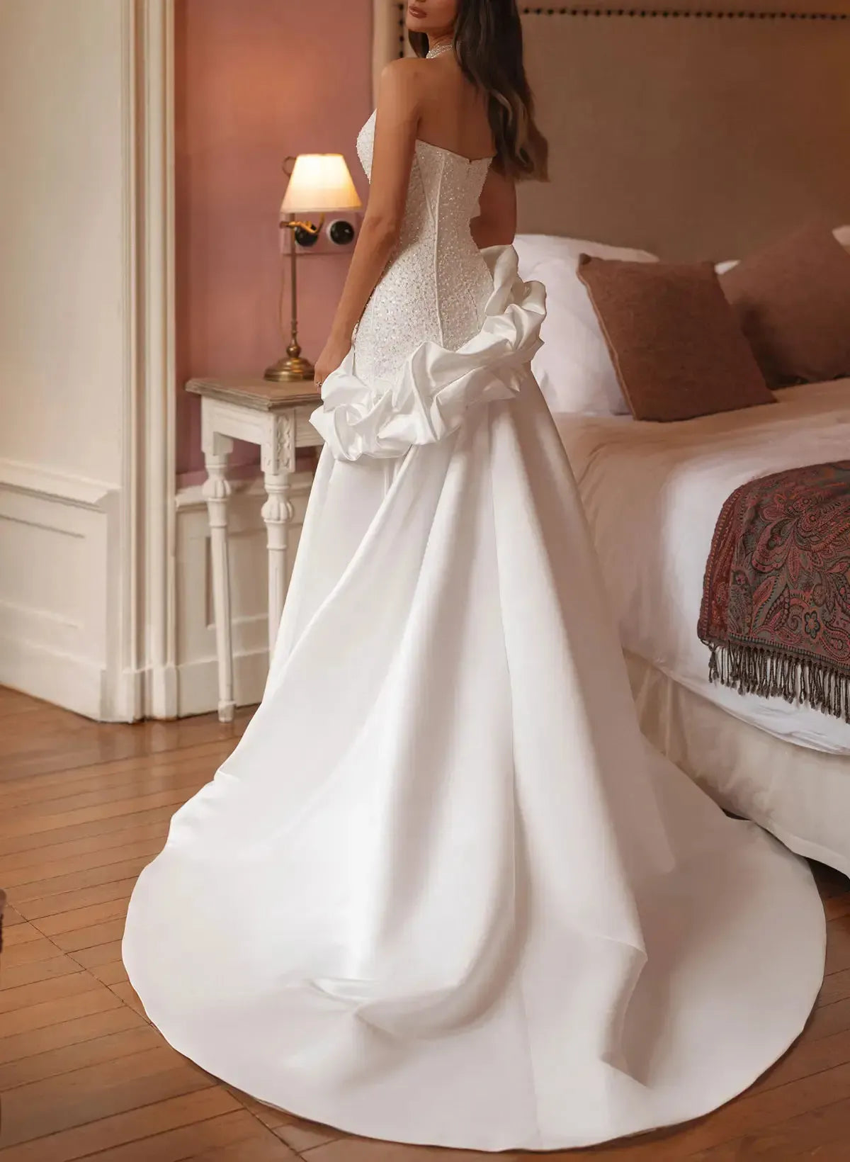 Trumpet Mermaid Sweetheart Sleeveless Chapel Train Satin Wedding Dress with Flowers