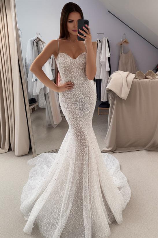 Trumpet Mermaid Sweetheart Sleeveless Sequined Beach Wedding Dresses