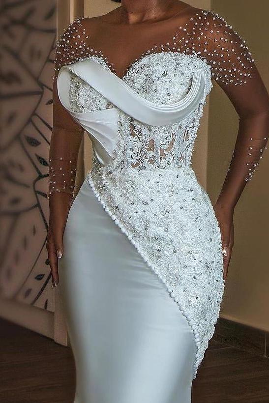 Trumpet Mermaid V Neck 3 4 Sleeves Lace Satin Wedding Dresses With Beading Appliques Lace
