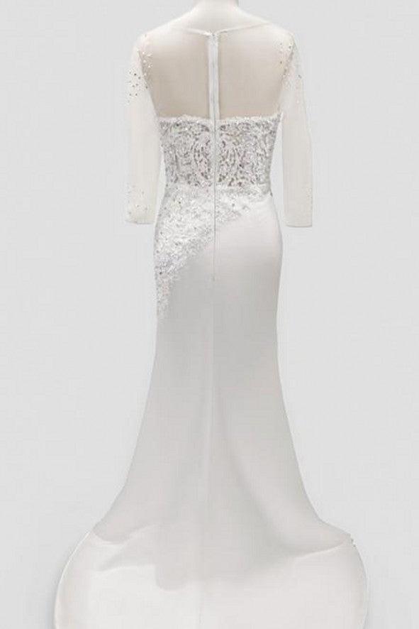 Trumpet Mermaid V Neck 3 4 Sleeves Lace Satin Wedding Dresses With Beading Appliques Lace