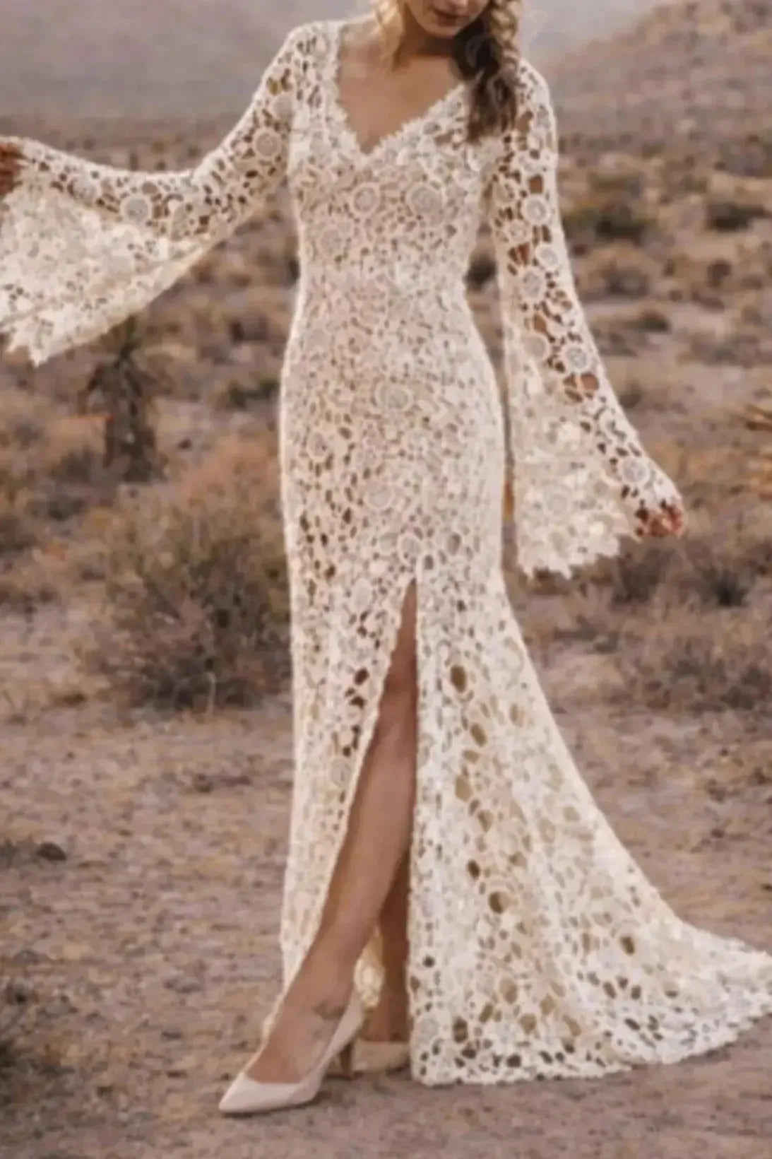Trumpet Mermaid V Neck Long Sleeves Sweep Train Lace Wedding Dress with Front Slit