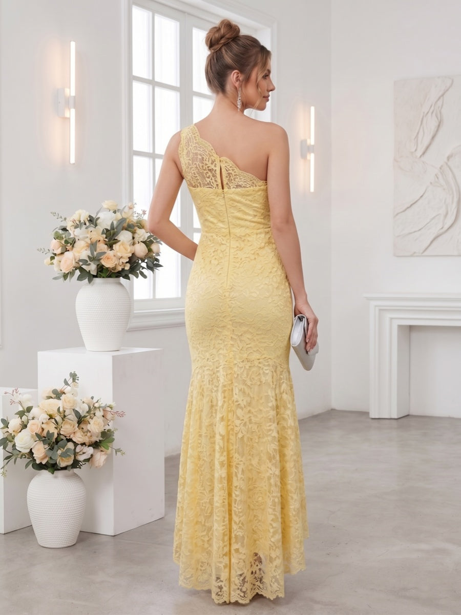 Trumpet/Mermaid One-Shoulder Sleeveless Asymmetrical Bridesmaid Dresses with Lace & Applique