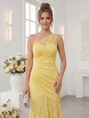 Trumpet/Mermaid One-Shoulder Sleeveless Asymmetrical Bridesmaid Dresses with Lace & Applique