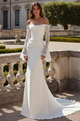 Trumpet/Mermaid Strapless Wedding Dress Silk Satin Floor-Length Sweep Train Lace Long Sleeves