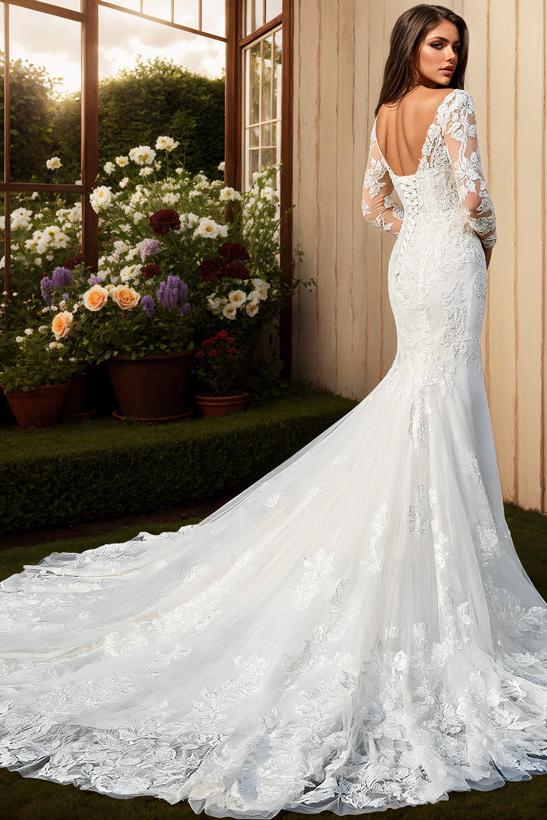 Dreamyannie Women Wedding Dress Trumpet/Mermaid V-Neck Long Sleeves Sweep Train Lace Bridal Dress Dreamyannie UK Dreamyannie Women Wedding Dress Trumpet/Mermaid V-Neck Long Sleeves Sweep Train Lace Bridal Dress Dreamyannie UK
