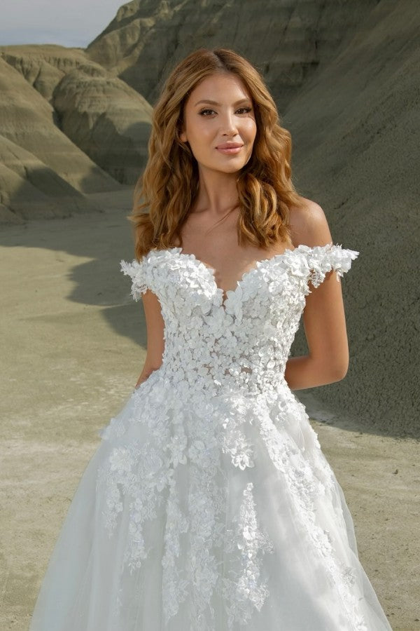 Tulle A Line Wedding Dress with 3D Floral Lace and Off Shoulder Sleeves