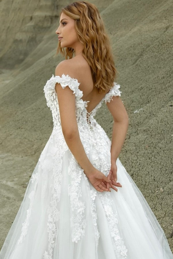 Tulle A Line Wedding Dress with 3D Floral Lace and Off Shoulder Sleeves