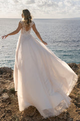 Tulle A Line Wedding Dress with Lace Cap Sleeves and Side Slit