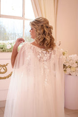 Tulle A Line Wedding Dress with Lace Cape and Front Slit