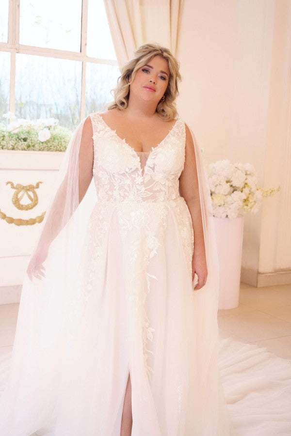 Tulle A Line Wedding Dress with Lace Cape and Front Slit