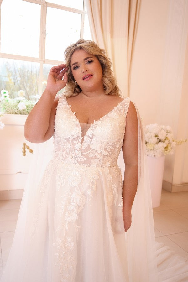Tulle A Line Wedding Dress with Lace Cape and Front Slit