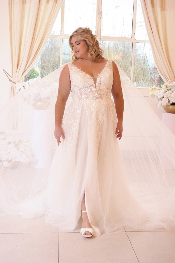 Tulle A Line Wedding Dress with Lace Cape and Front Slit