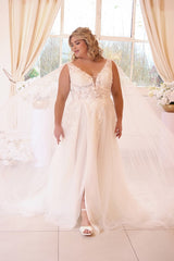 Tulle A Line Wedding Dress with Lace Cape and Front Slit