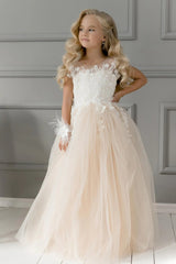 Tulle Cap Sleeve Princess Flower Girl Dress with Lace Appliques