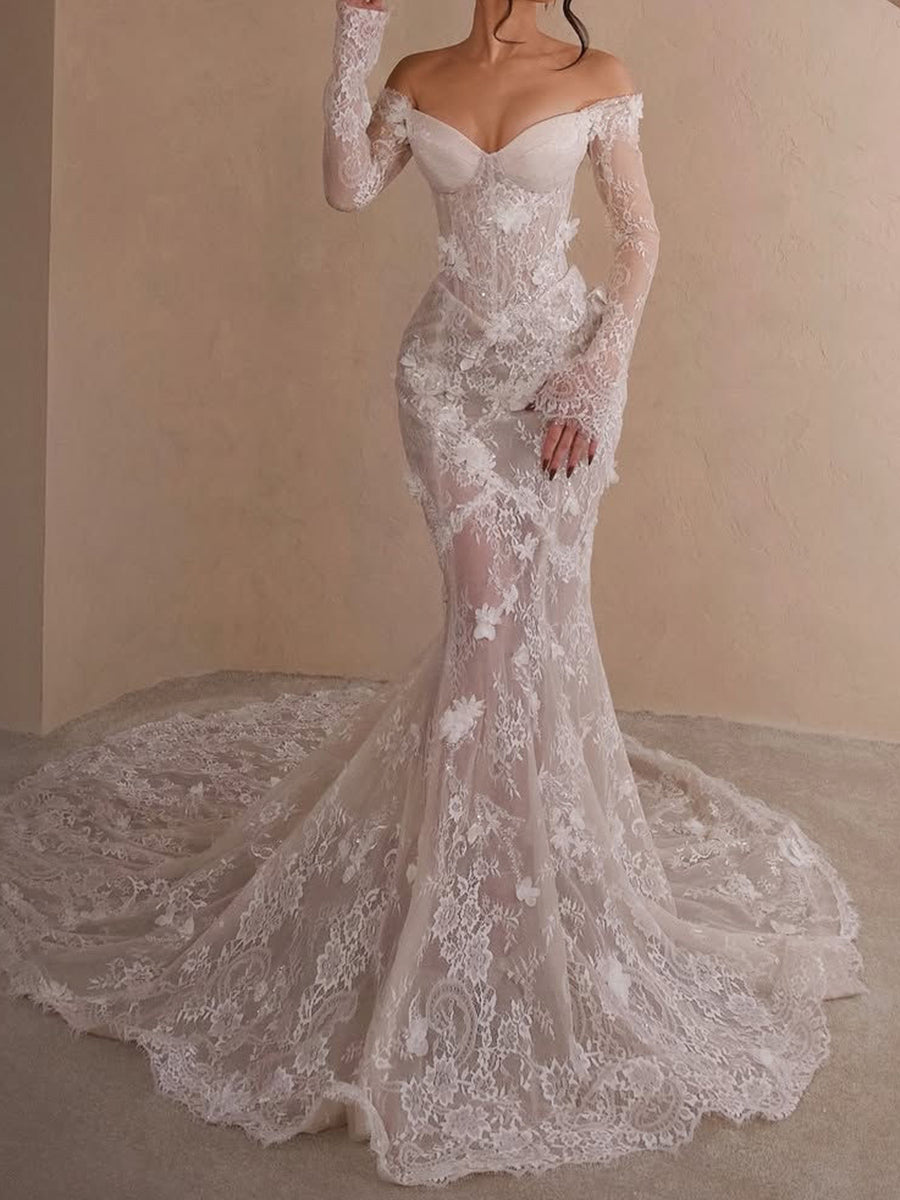 Tulle Mermaid Wedding Dress with Off-the-Shoulder Long Sleeves and Beading