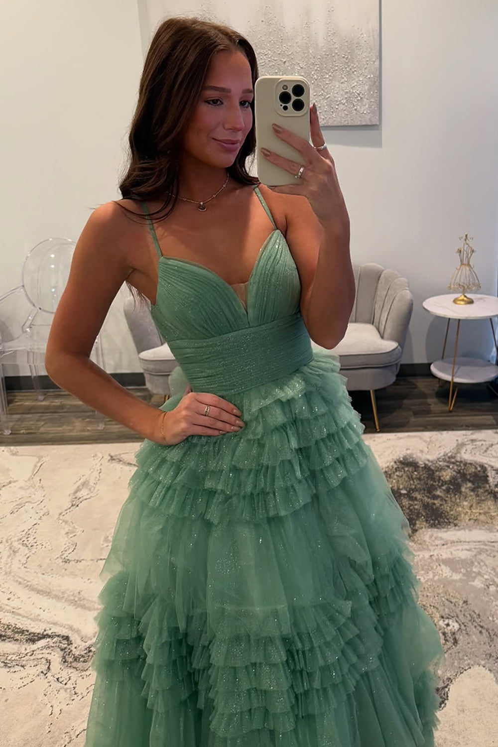 Tulle Spaghetti Straps Sage Prom Dress Ruffled Long Formal Dress