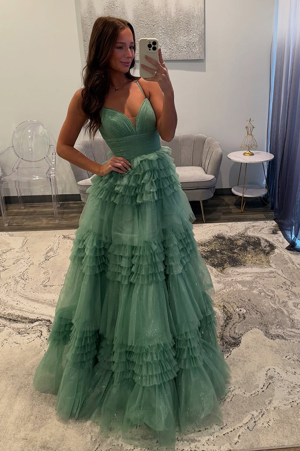 Tulle Spaghetti Straps Sage Prom Dress Ruffled Long Formal Dress