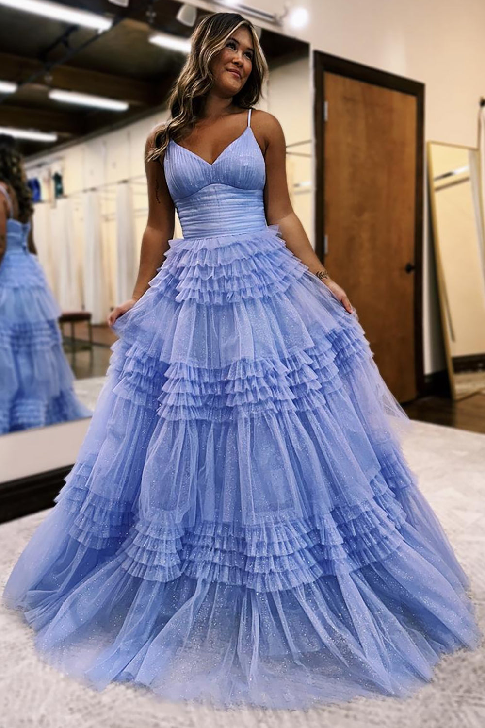 Tulle Spaghetti Straps Sage Prom Dress Ruffled Long Formal Dress