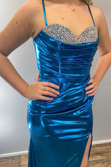 Turquoise Prom Dress Mermaid Spaghetti Straps Metallic Long Evening Dress With Slit