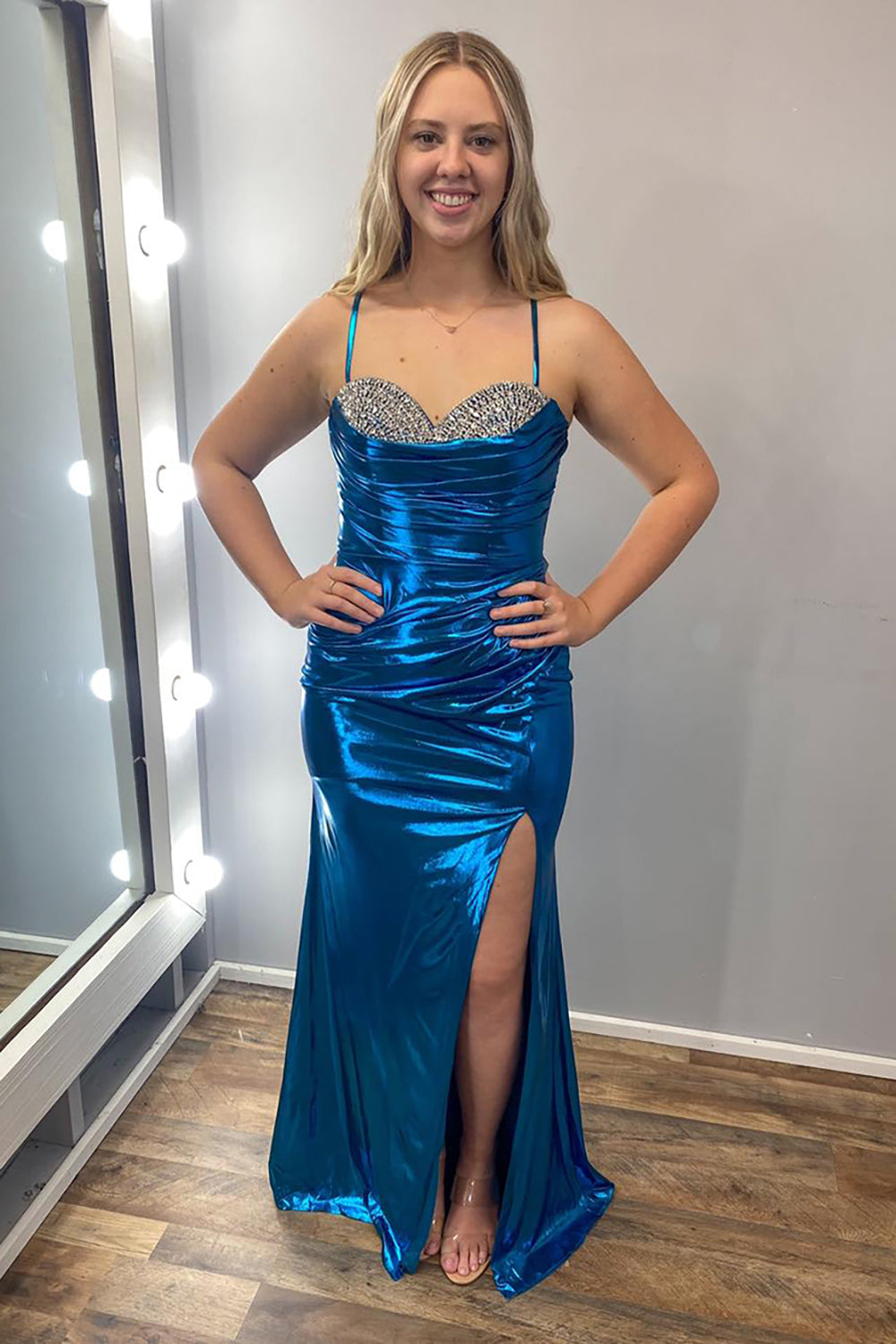 Turquoise Prom Dress Mermaid Spaghetti Straps Metallic Long Evening Dress With Slit