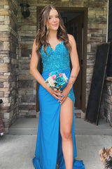 Turquoise Prom Dress Spaghetti Straps Mermaid Long Corset Evening Dress with Slit