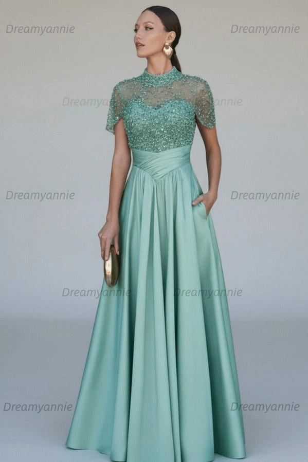 Green A Line Prom Dress Short Sleeve High Neck Beaded Evening Dress