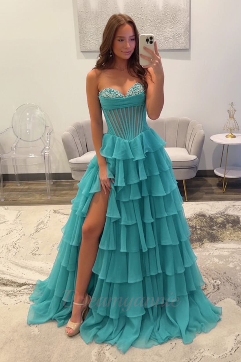 Dreamyannie Ruffled Black Prom Dress A Line Corset Long Formal Dress With Beadings
