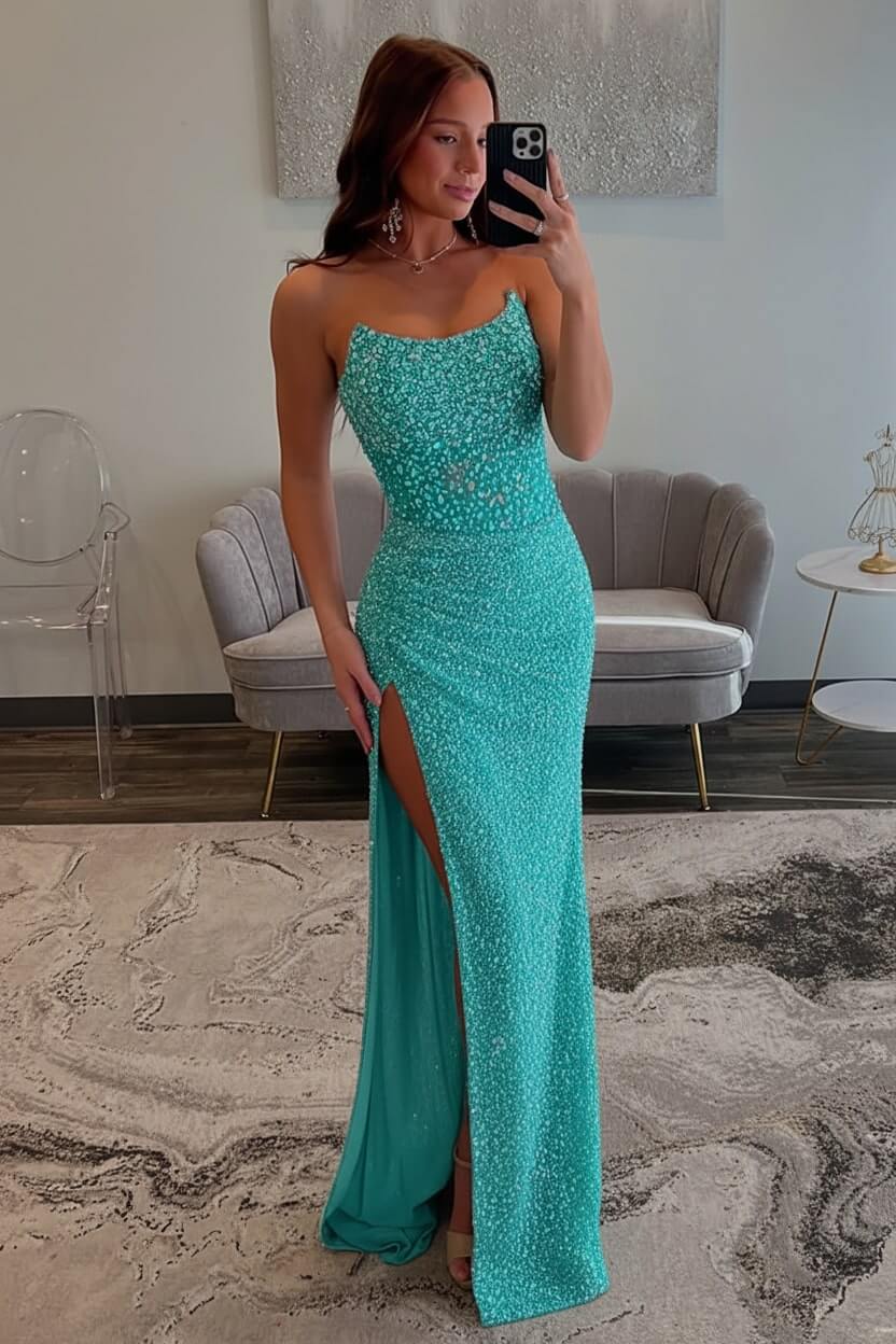 Dreamyannie Champagne Prom Dress Strapless Sheath Beaded Long Formal Dress With Slit