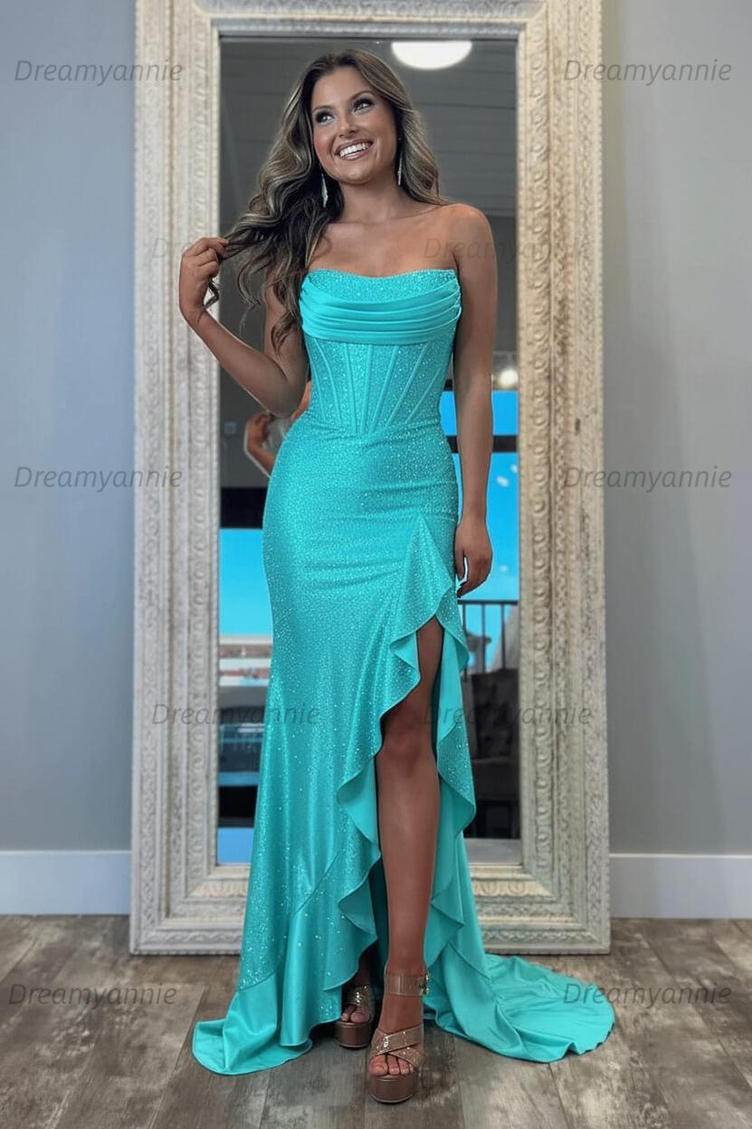Hot Pink Beaded Prom Dress Strapless Corset Ruffled Evening Dress With Slit