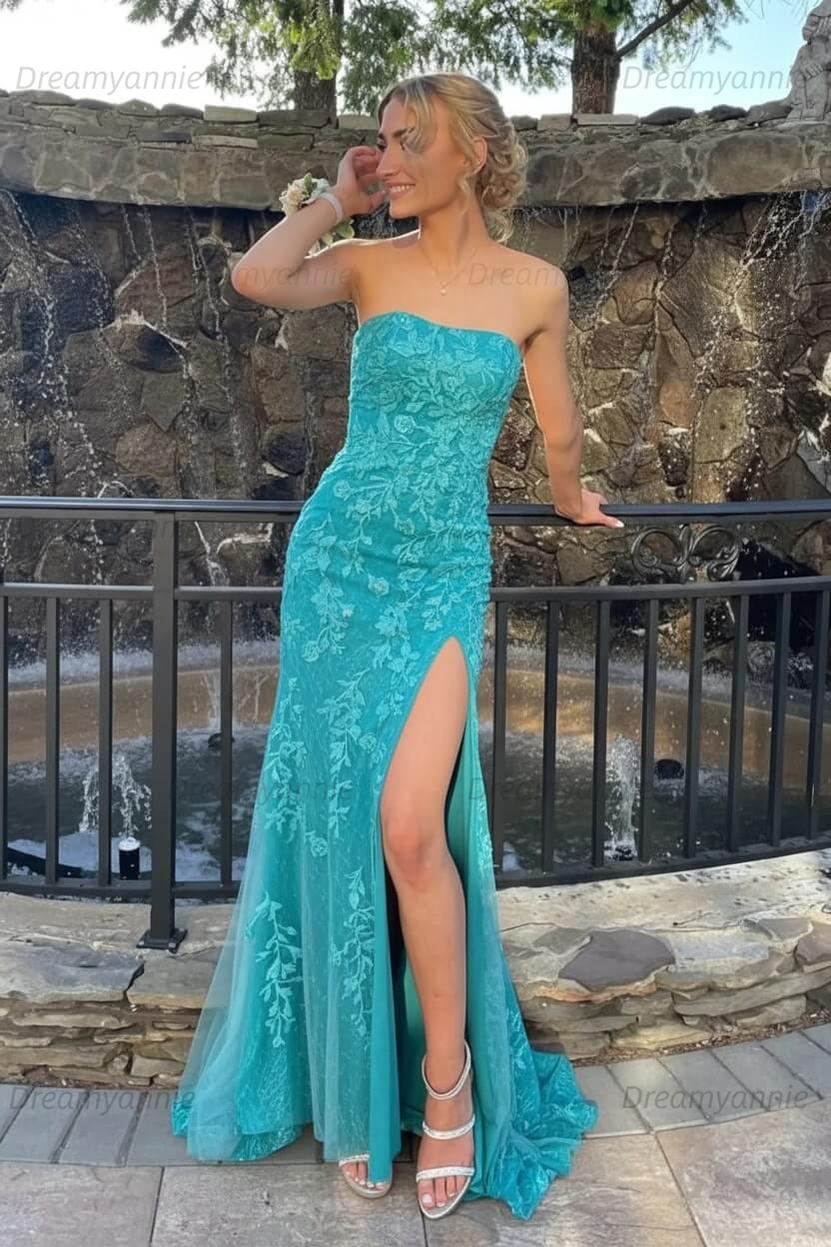 Pink Prom Dress Strapless Lace Long Evening Dress with Slit