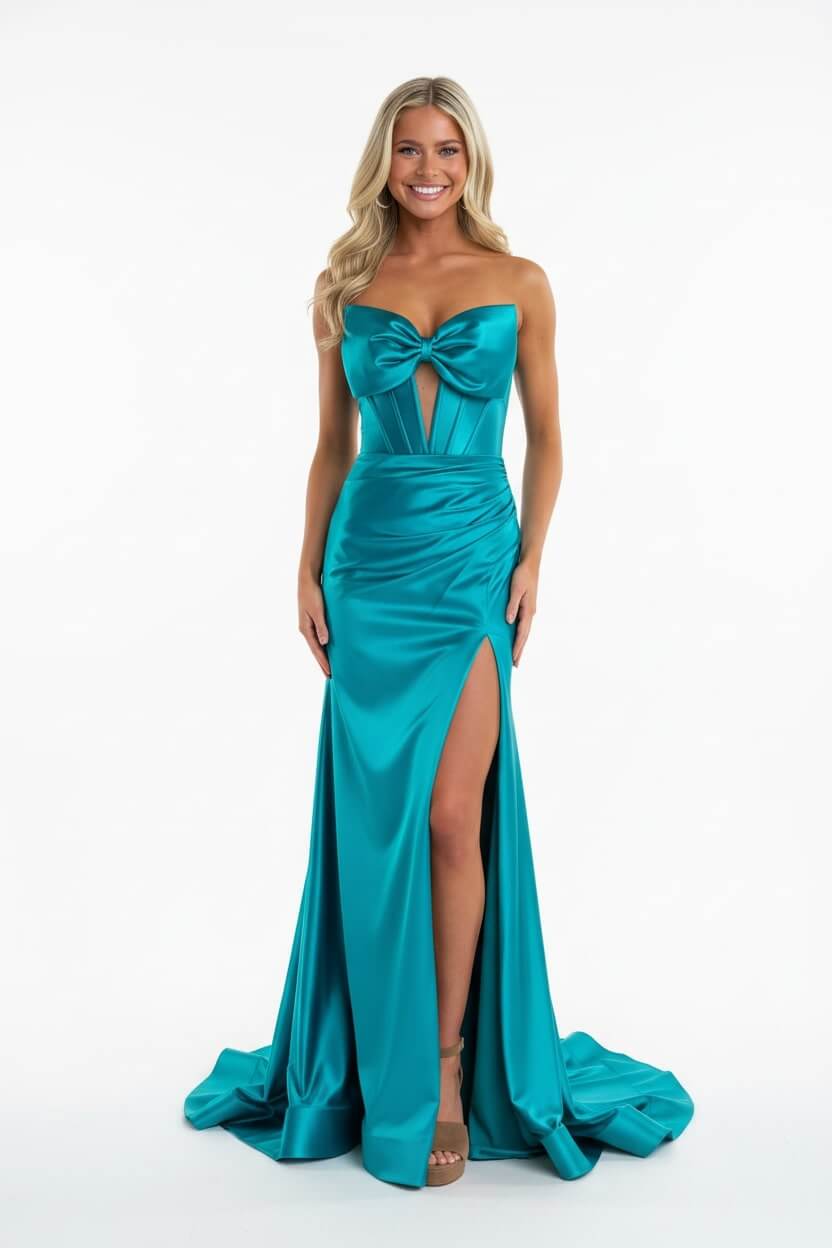 Dreamyannie Corset Red Prom Dress Satin Sweetheart Evening Dress With Slit