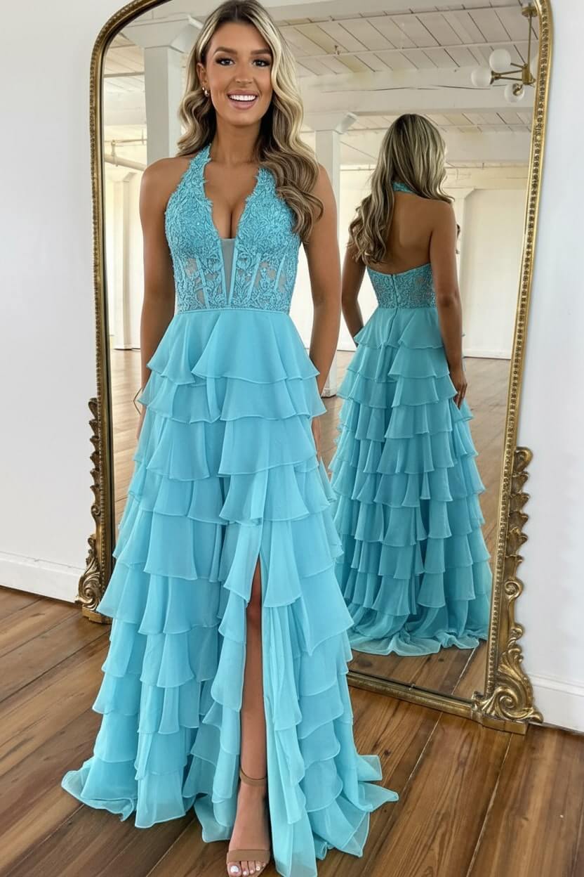 Dreamyannie Sky Blue Prom Dress Ruffled Halter Corset Evening Dress With Slit