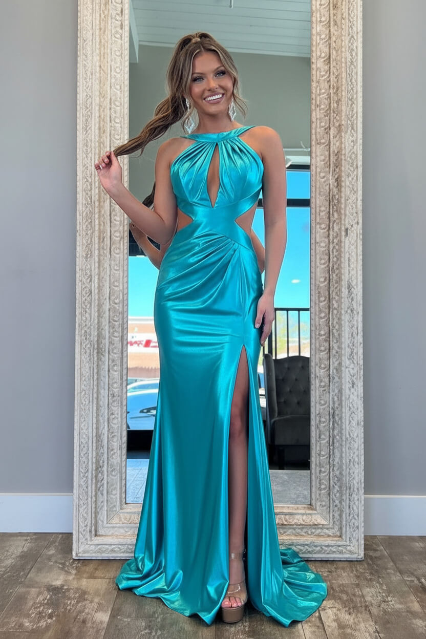 Stylish Fuchsia Metallic Mermaid Prom Dress With Slit And Open Back Formal Evening Gown
