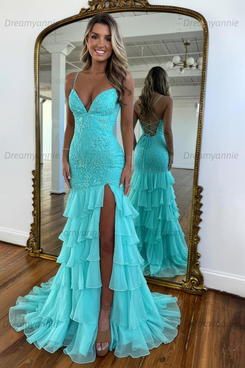 Charming Mermaid Spaghetti Straps Lace Up Long Prom Dress With Ruffle Skirt Formal Evening Gown