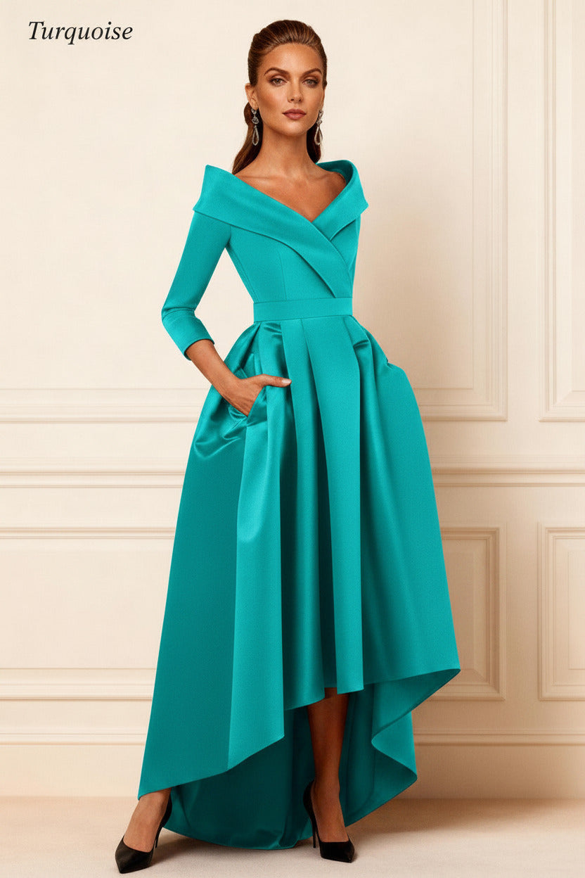 Dreamyannie Dark Navy V Neck Satin High Low Mother Of The Bride Dress With Pockets