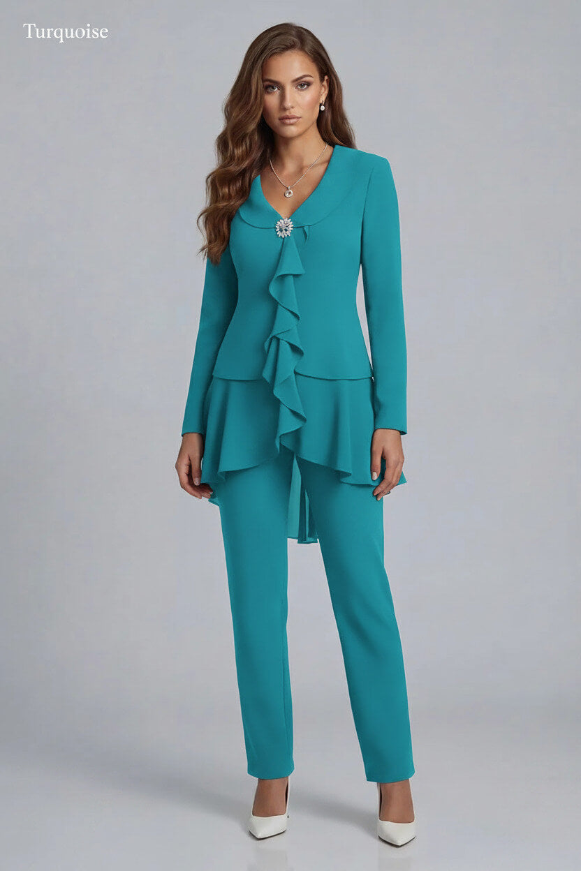 Dreamyannie Navy V Neck Ruffled Chiffon 2 Piece Mother Of The Bride Pant Suits With Sleeves