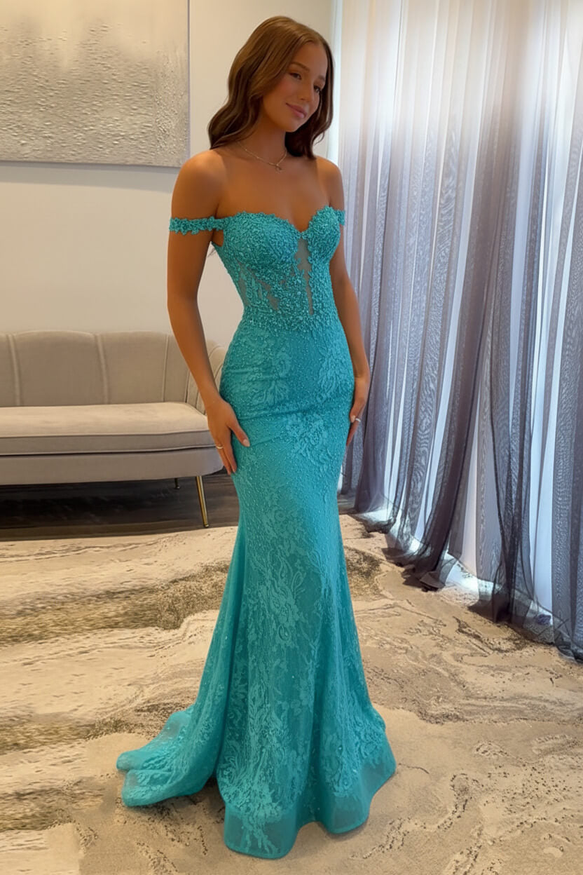 Dreamyannie Navy Prom Dress Off The Shoulder Mermaid Long Lace Formal Dress