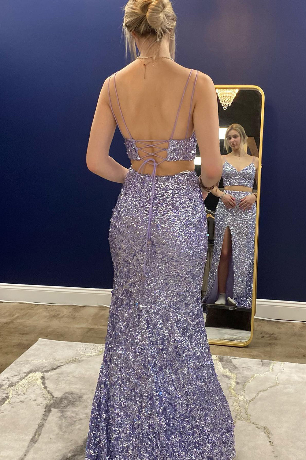 Two Piece Orange Prom Dress Sequined Mermaid Evening Dress with Slit