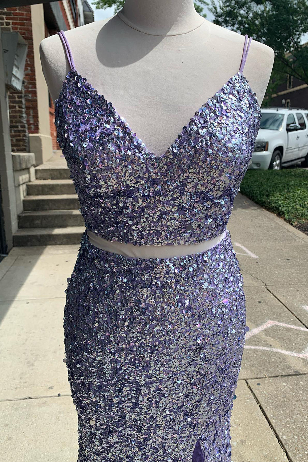 Two Piece Orange Prom Dress Sequined Mermaid Evening Dress with Slit