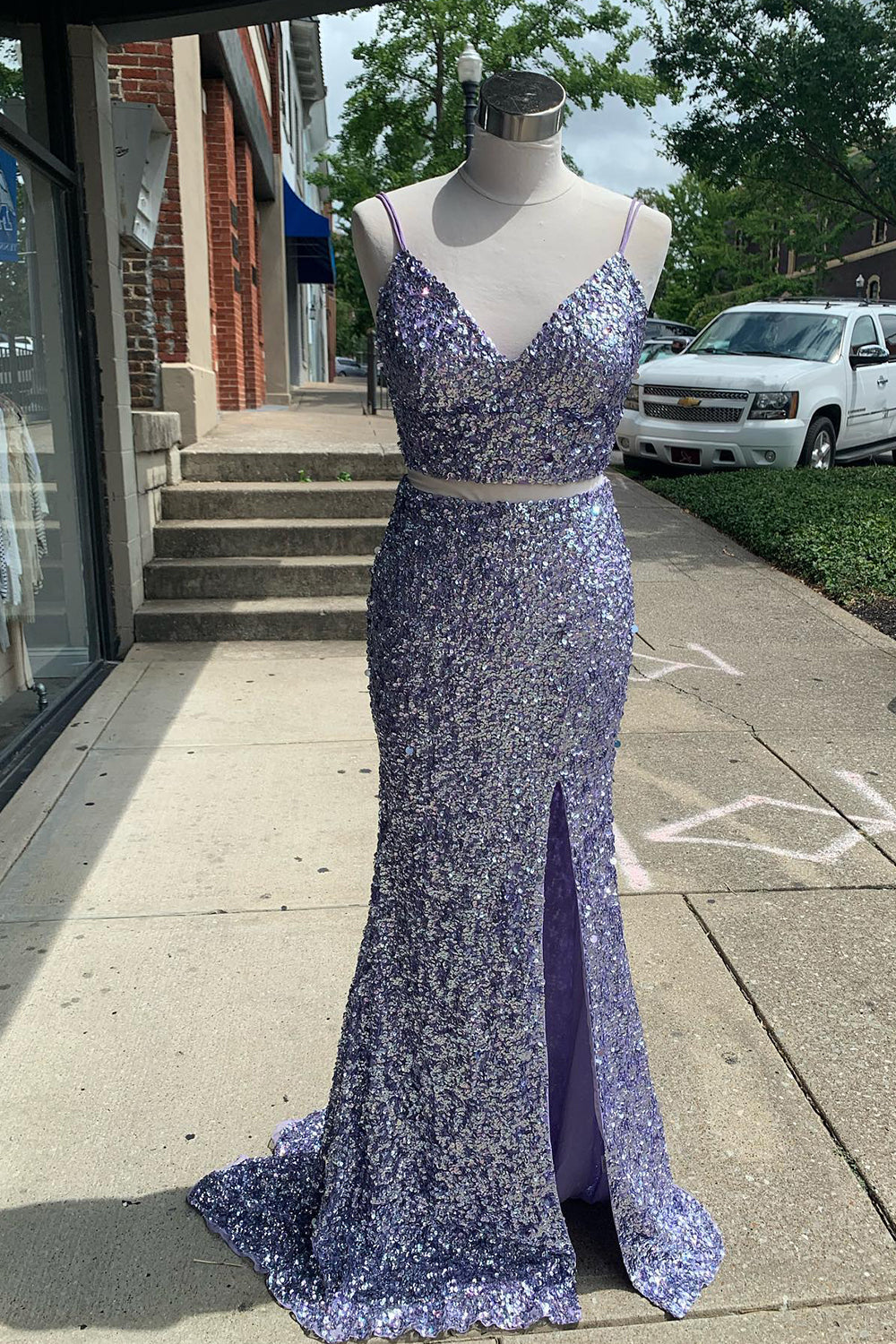 Two Piece Orange Prom Dress Sequined Mermaid Evening Dress with Slit
