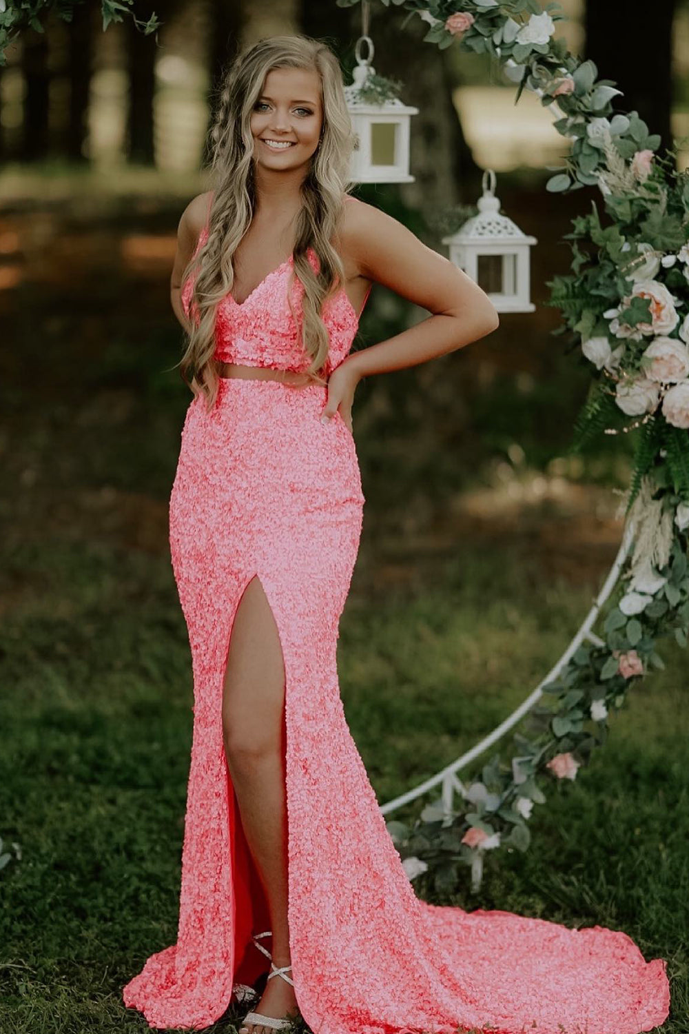 Two Piece Orange Prom Dress Sequined Mermaid Evening Dress with Slit