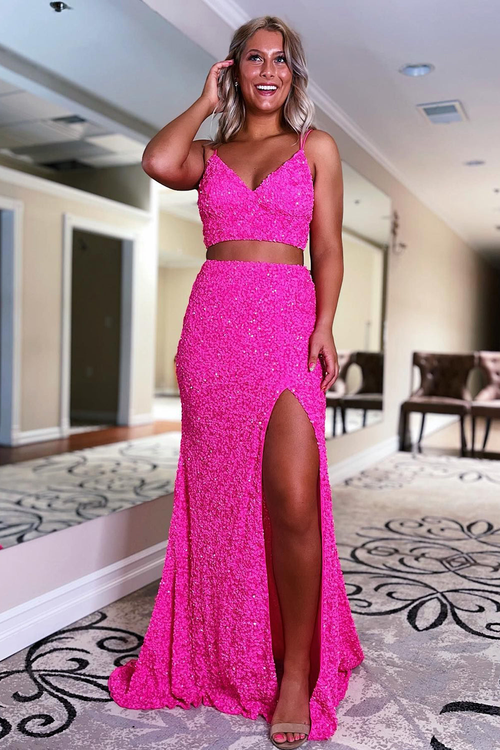 Two Piece Orange Prom Dress Sequined Mermaid Evening Dress with Slit